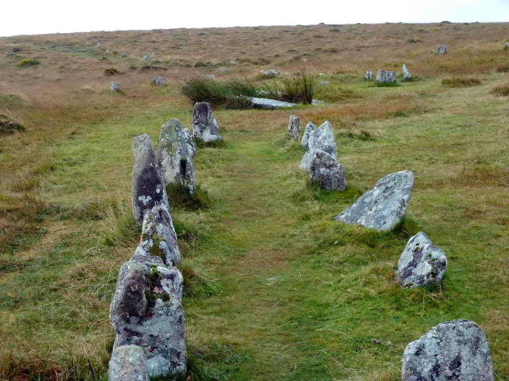 Looking back at the fallen menhir and fourfold circle